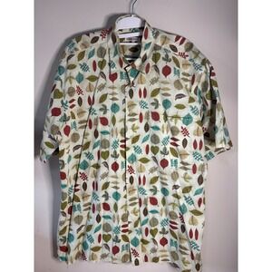 Burma Bibas Mens L Cotton Lawn Leaf Print Short Sleeve Button Down Shirt Cream